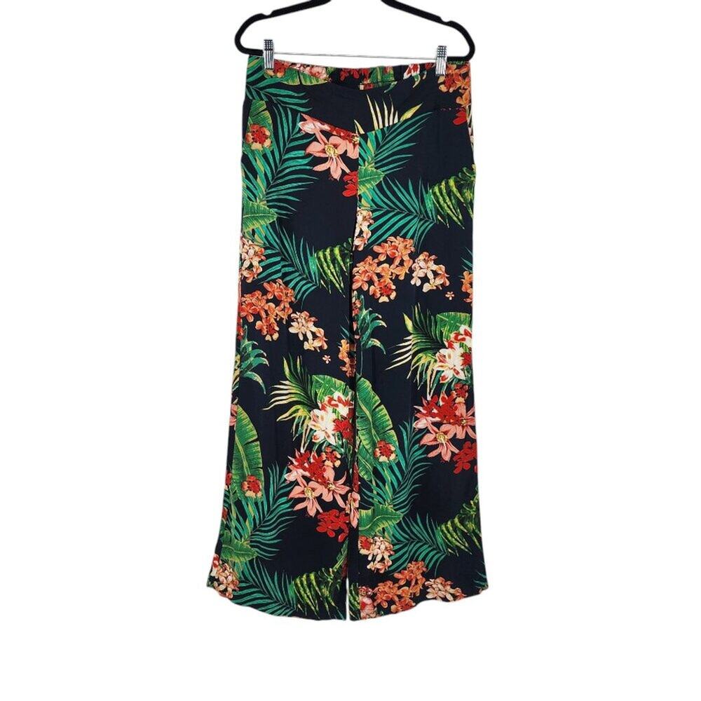 St. Tropez West Womens Tropical Floral Wide-Leg Pants Size 8 Viscose Black/Green